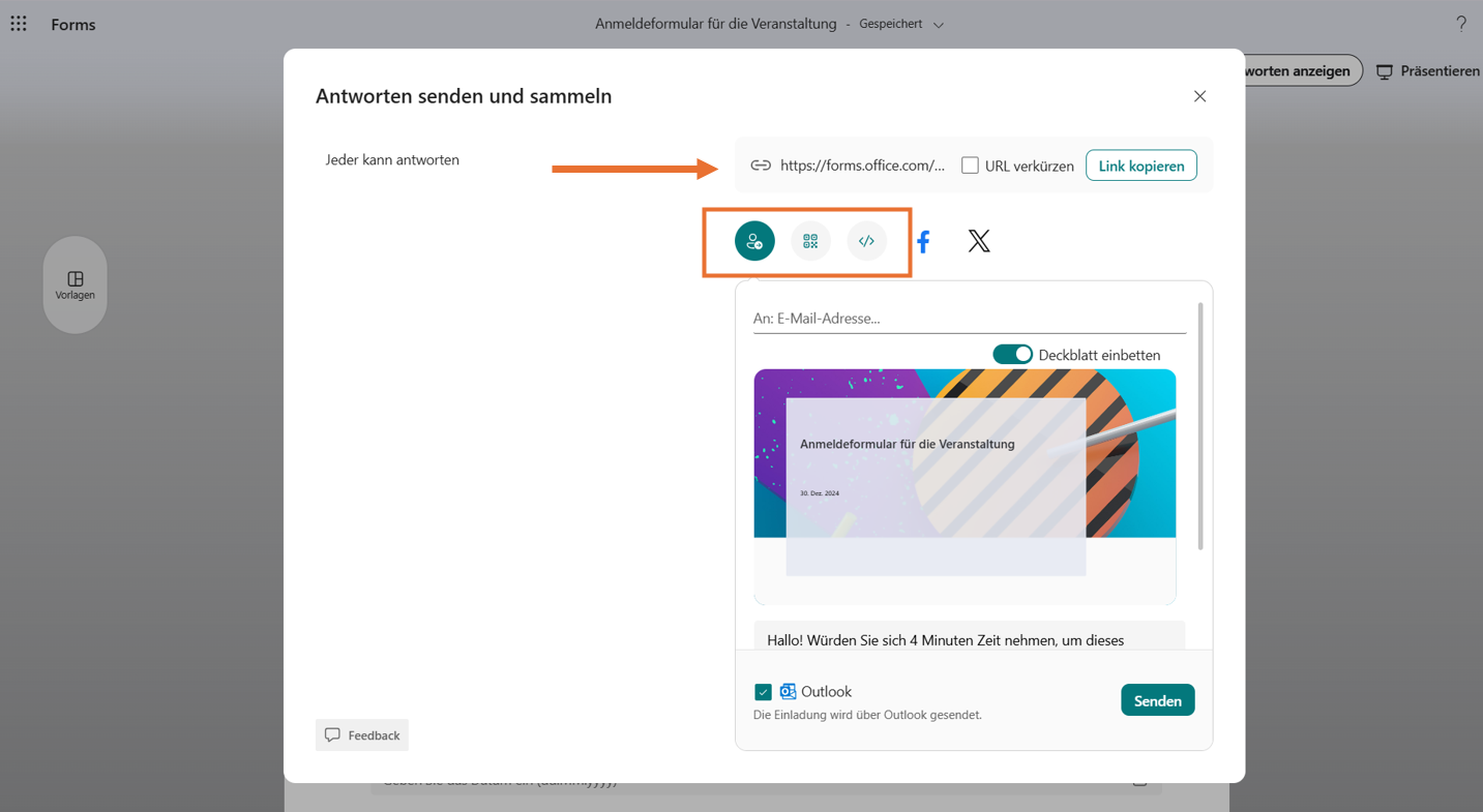 Screenshot der Optionen zum Senden und Erfassen von Beantwortungen in Microsoft Forms mit hervorgehobenem Formularlink und Sendeoptionen