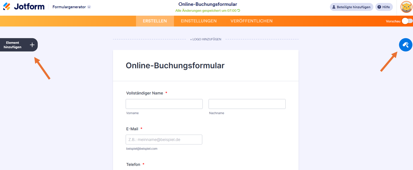 Screenshot des Jotform Formulargenerators, mit Pfeilen, die auf den Button Element hinzufügen und ;Formular Designer zeigen