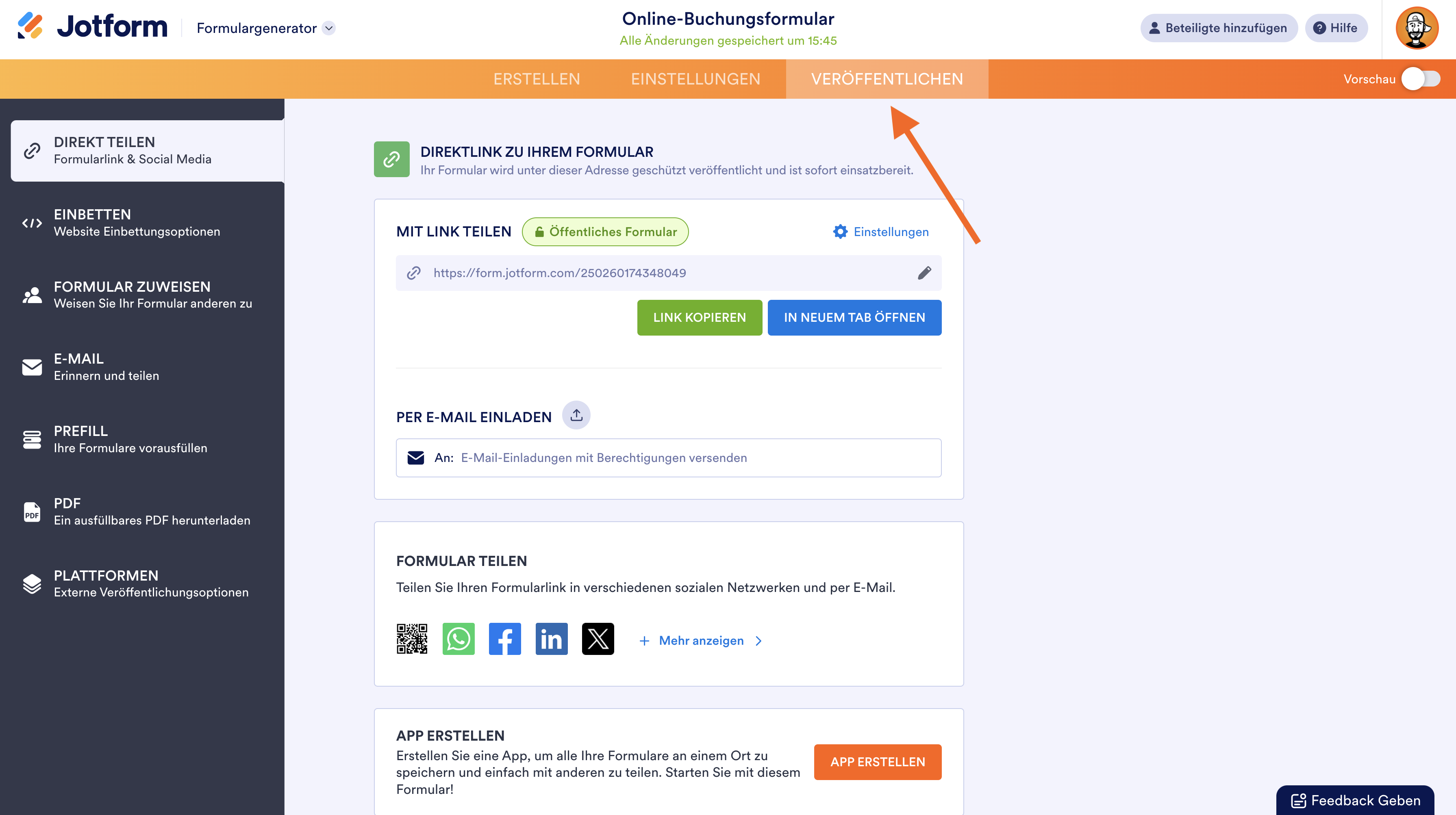 Screenshot des Jotform Formulargenerators mit hervorgehobener Registerkarte Veröffentlichen