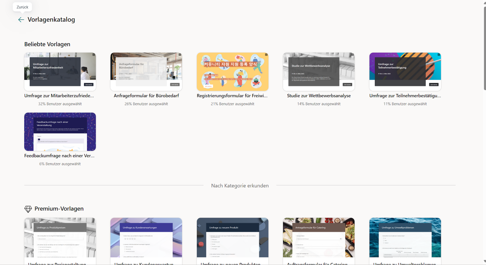 Screenshot des Microsoft Forms Vorlagenkatalogs
