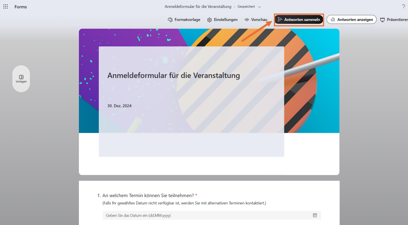 Screenshot eines Microsoft-Formulars mit hervorgehobenen Button Antworten sammeln
