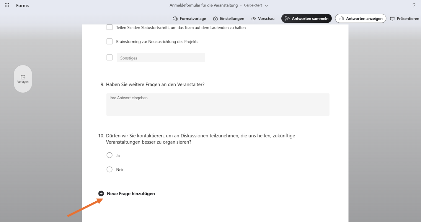 Screenshot eines Microsoft-Formulars mit hervorgehobenen Button Neue Frage hinzufügen