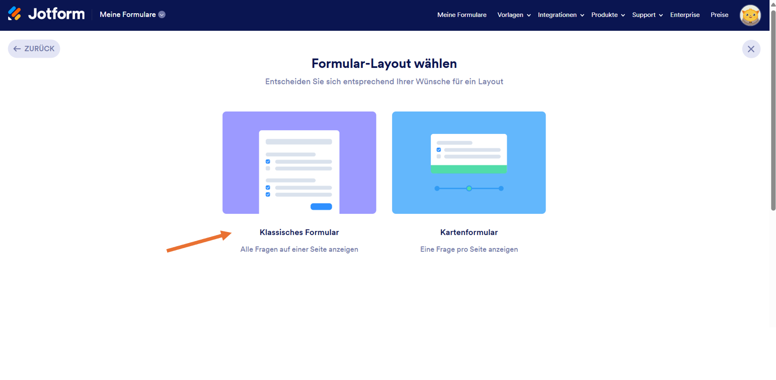 Screenshot von Jotform im Menü Formularlayout auswählen, mit einem Pfeil, der auf die Option Klassisches Formular zeigt