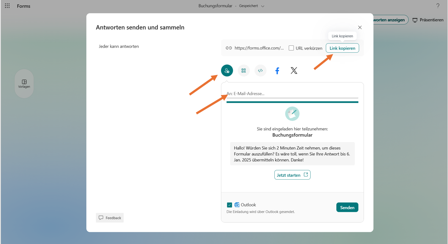Screenshot von Microsoft Forms im Menü Antworten sammeln, mit Pfeilen, die auf die verschiedenen Freigabeoptionen zeigen