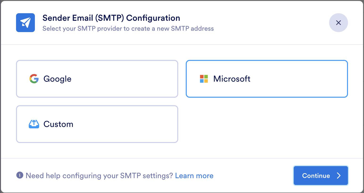 Selecting Microsoft from the Sender Email (SMTP) Configuration Window