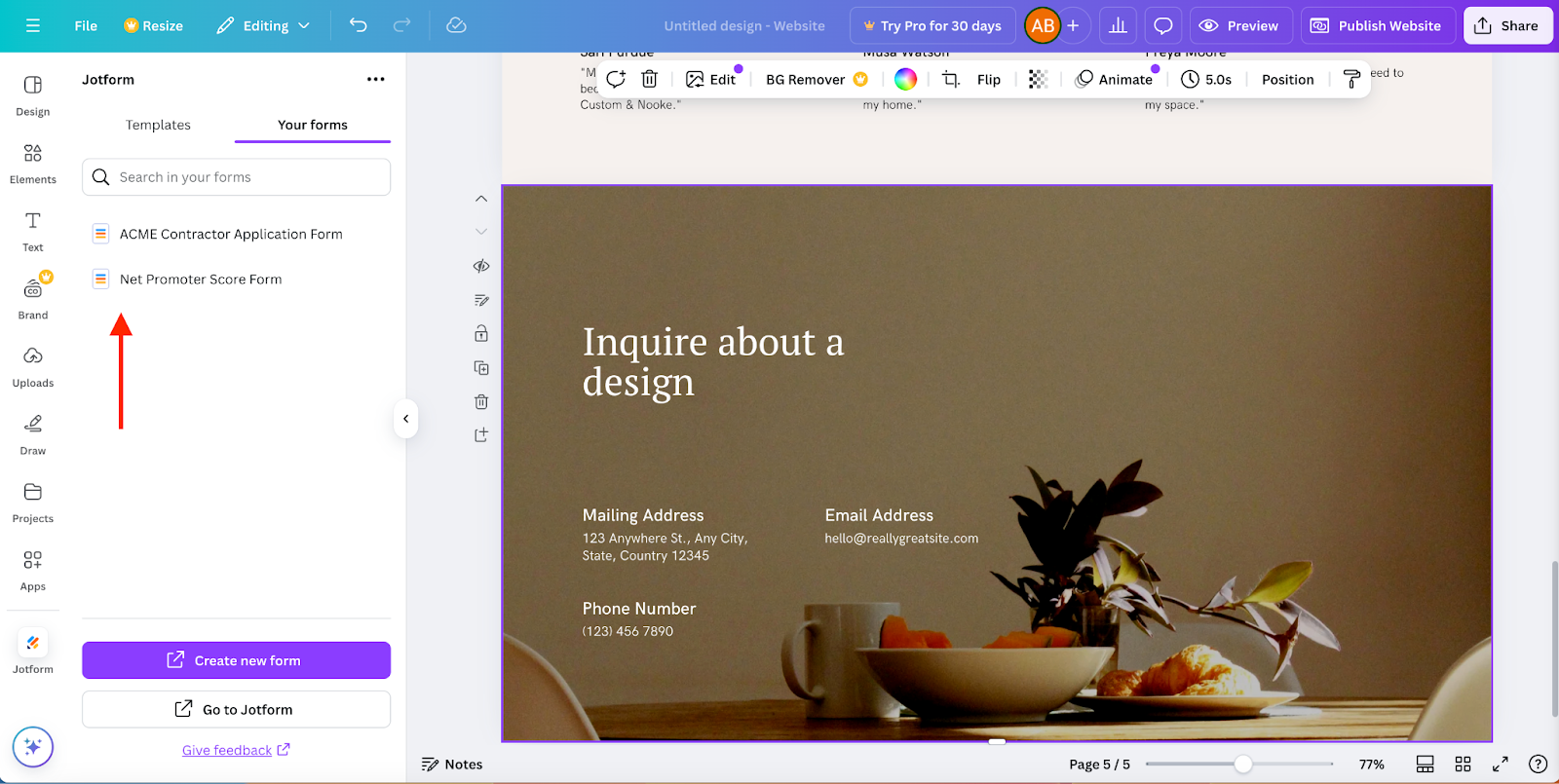 Selecting a form under the Your Forms tab in Jotform App in Canva
