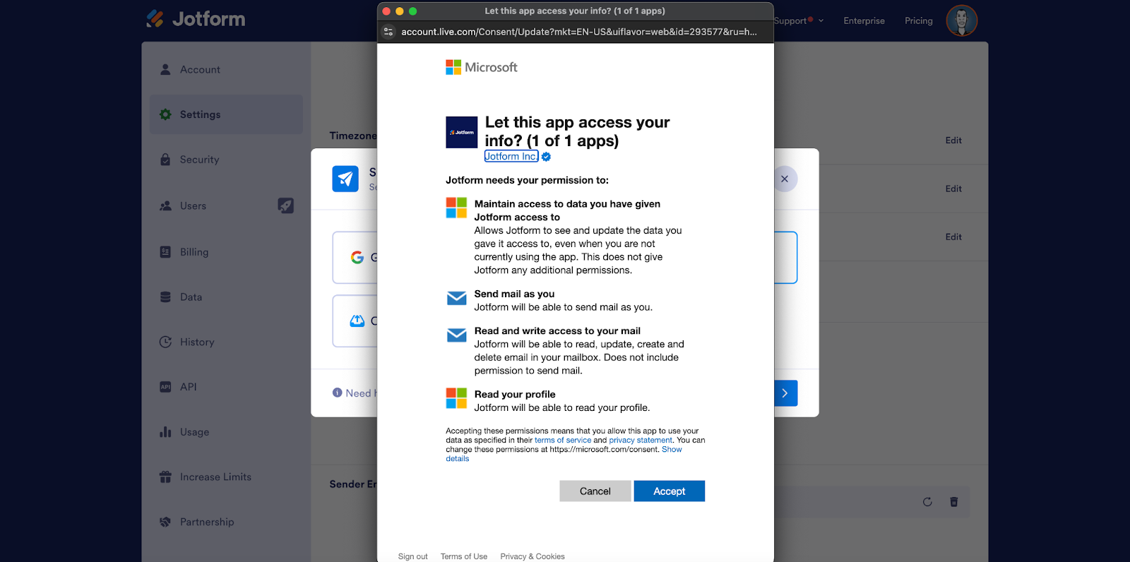 Viewing Login and Permissions Screen of Microsoft