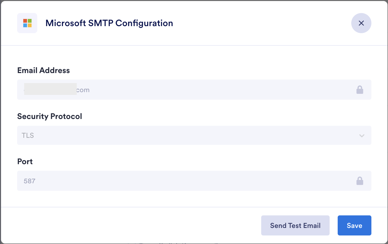 Viewing two options, Send Test Email and Save in Microsoft SMTP Configuration Window