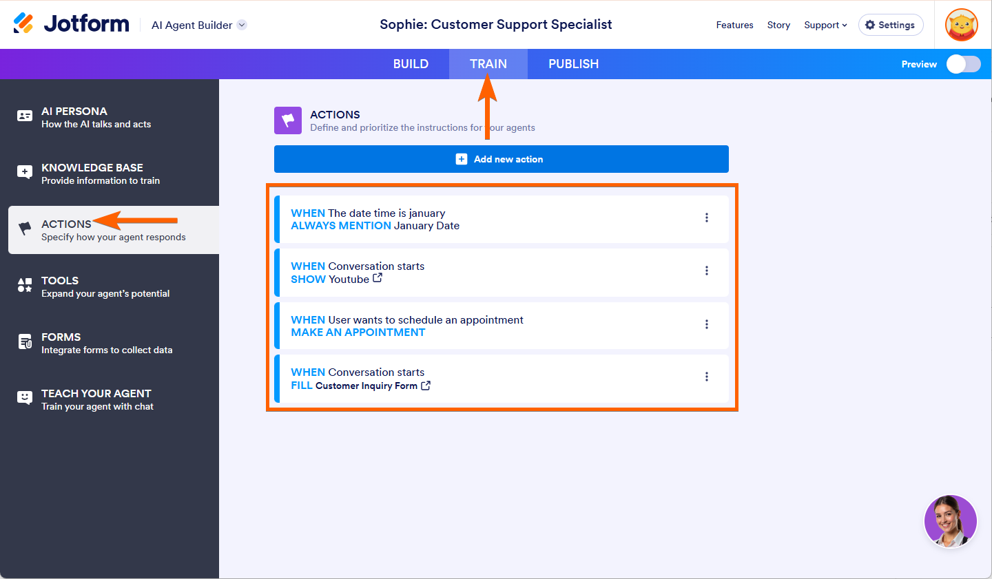 List of All Active Actions and Triggers in the Train tab of the Jotform AI Agent Builder