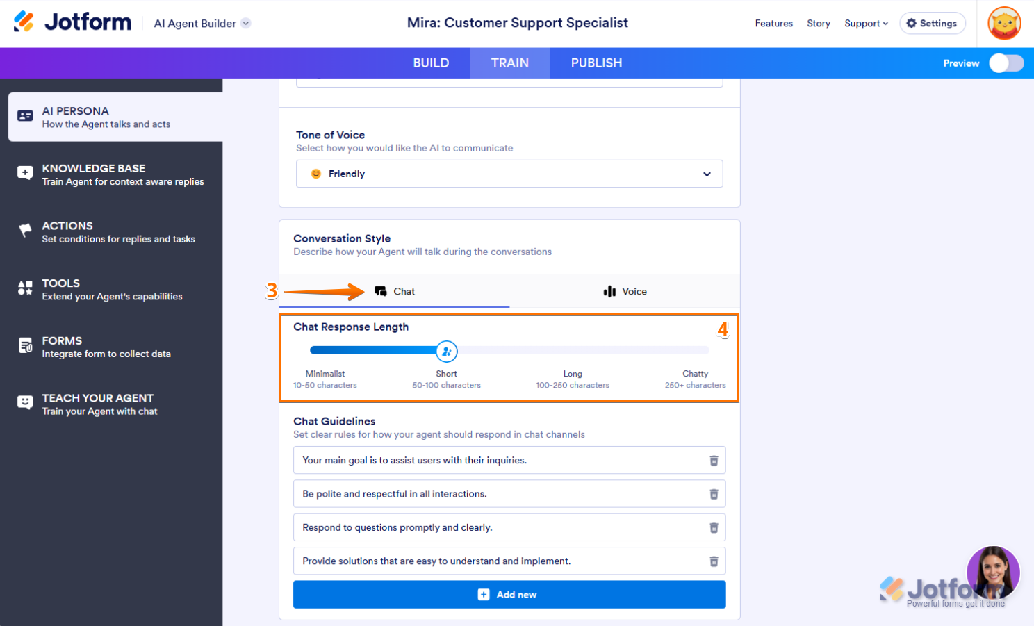 Chat tab, adjusting the Chat Response Length in the Conversation Style of AI Agent in Jotform