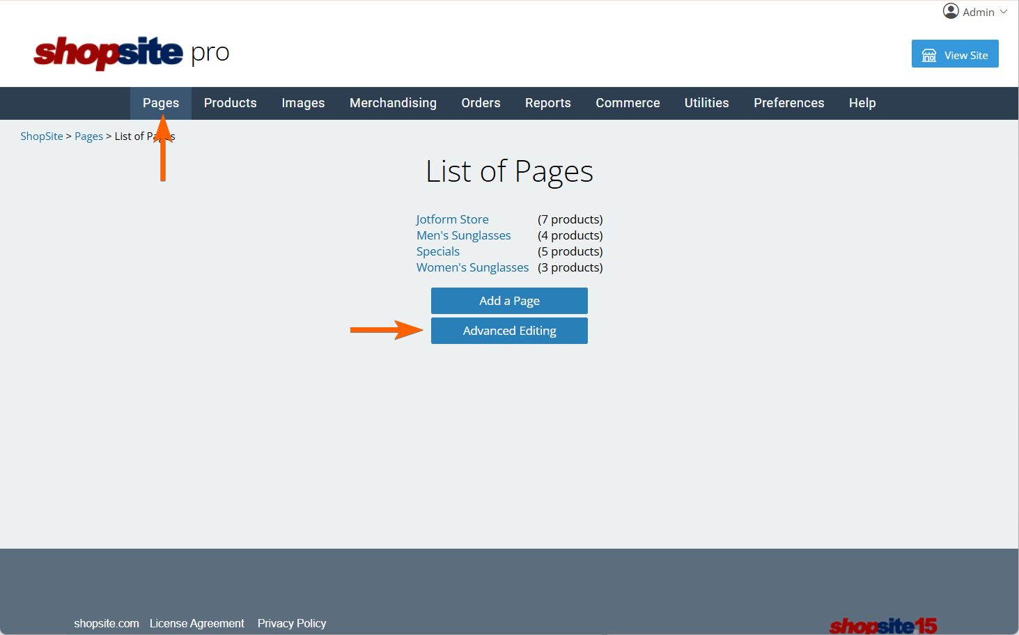 Pages and Advance Setting Option in Shopsite