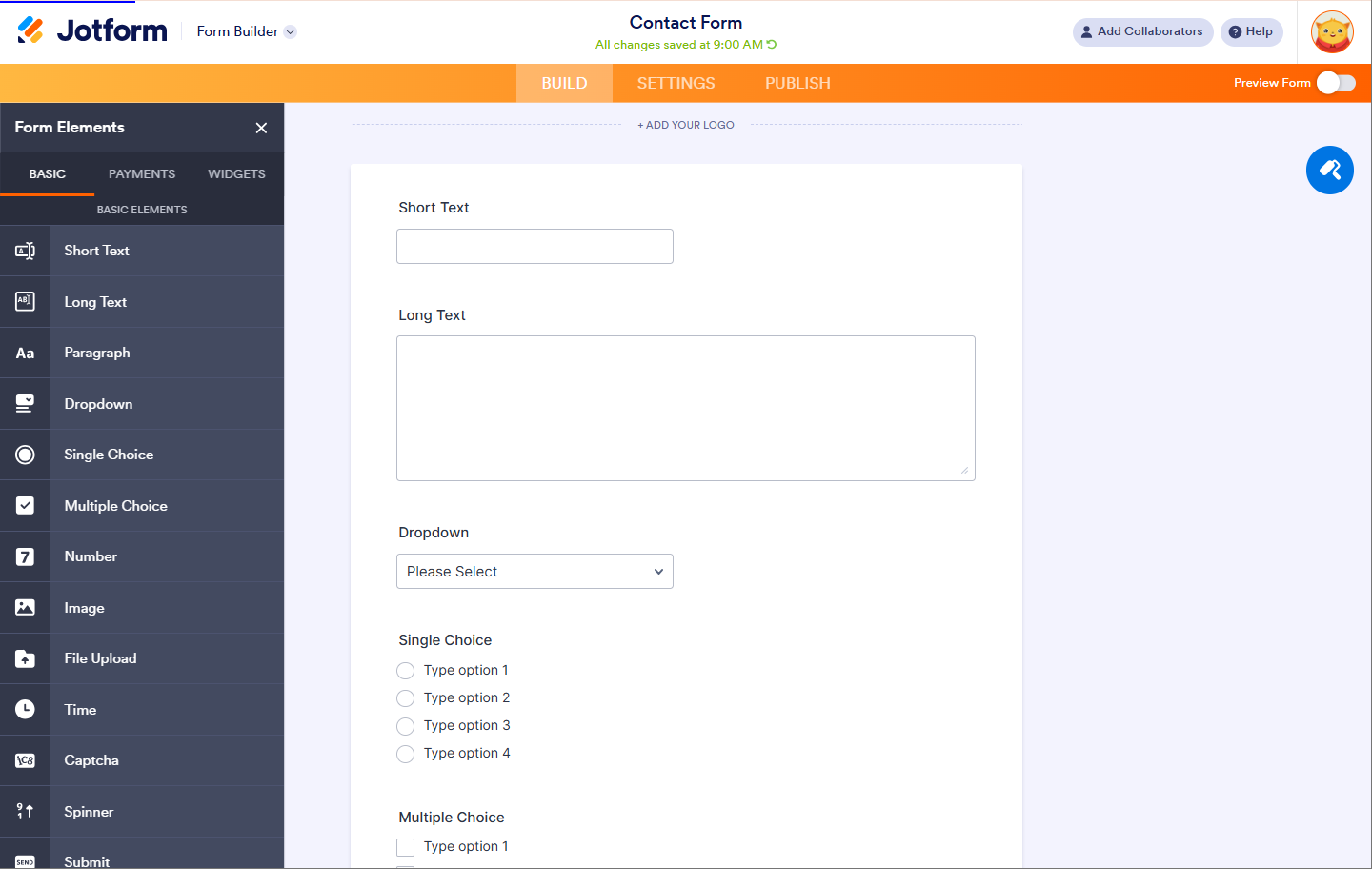 Elementos Básicos de los Elementos del Formulario en Jotform Builder