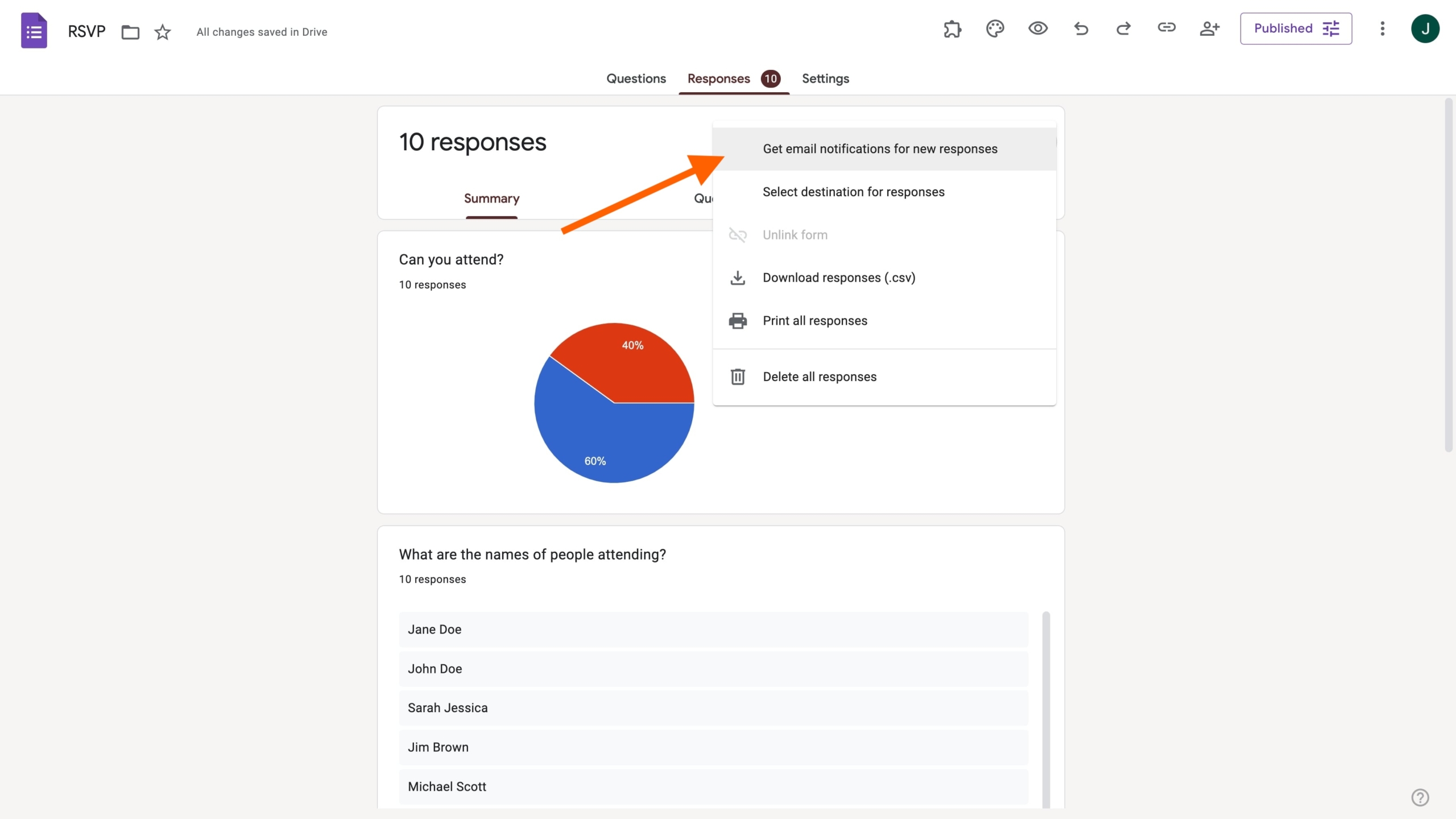 Mengklik Dapatkan notifikasi email untuk tanggapan baru pada tab Tanggapan Google Forms