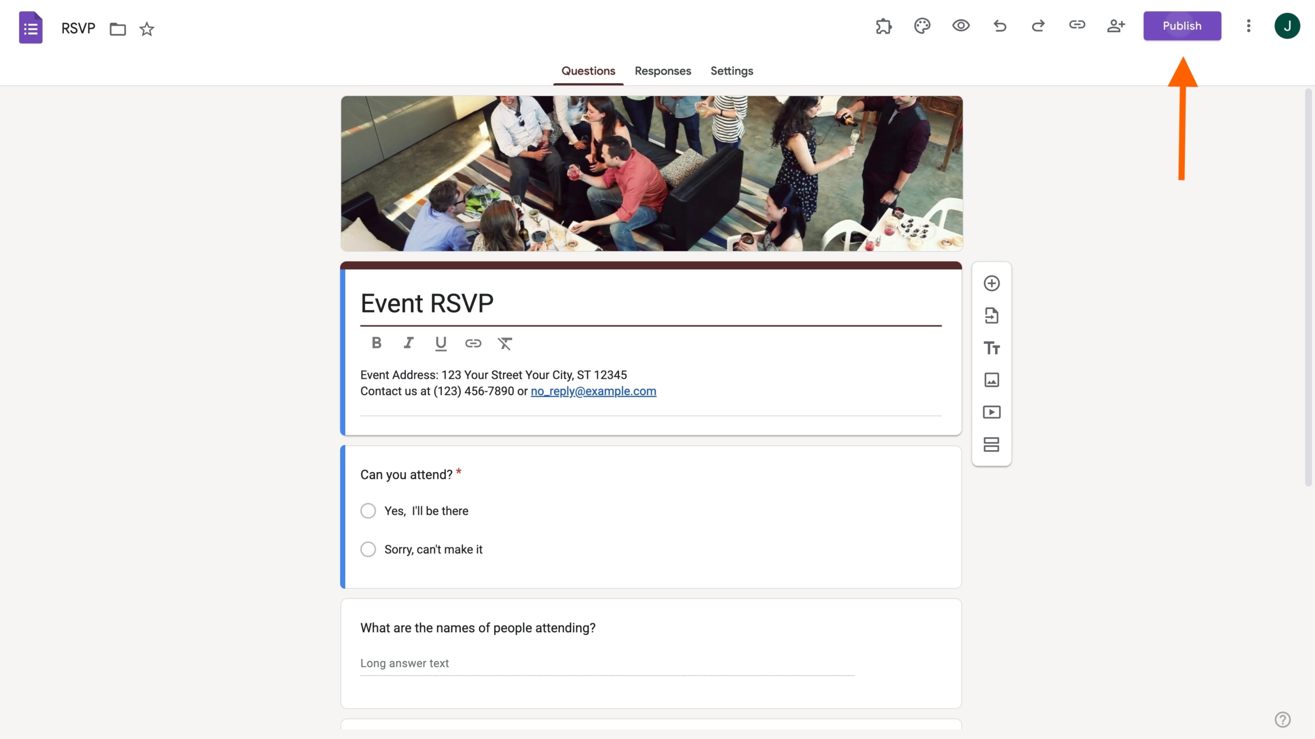 Mengklik tombol Publikasikan pada formulir RSVP Acara di Google Forms