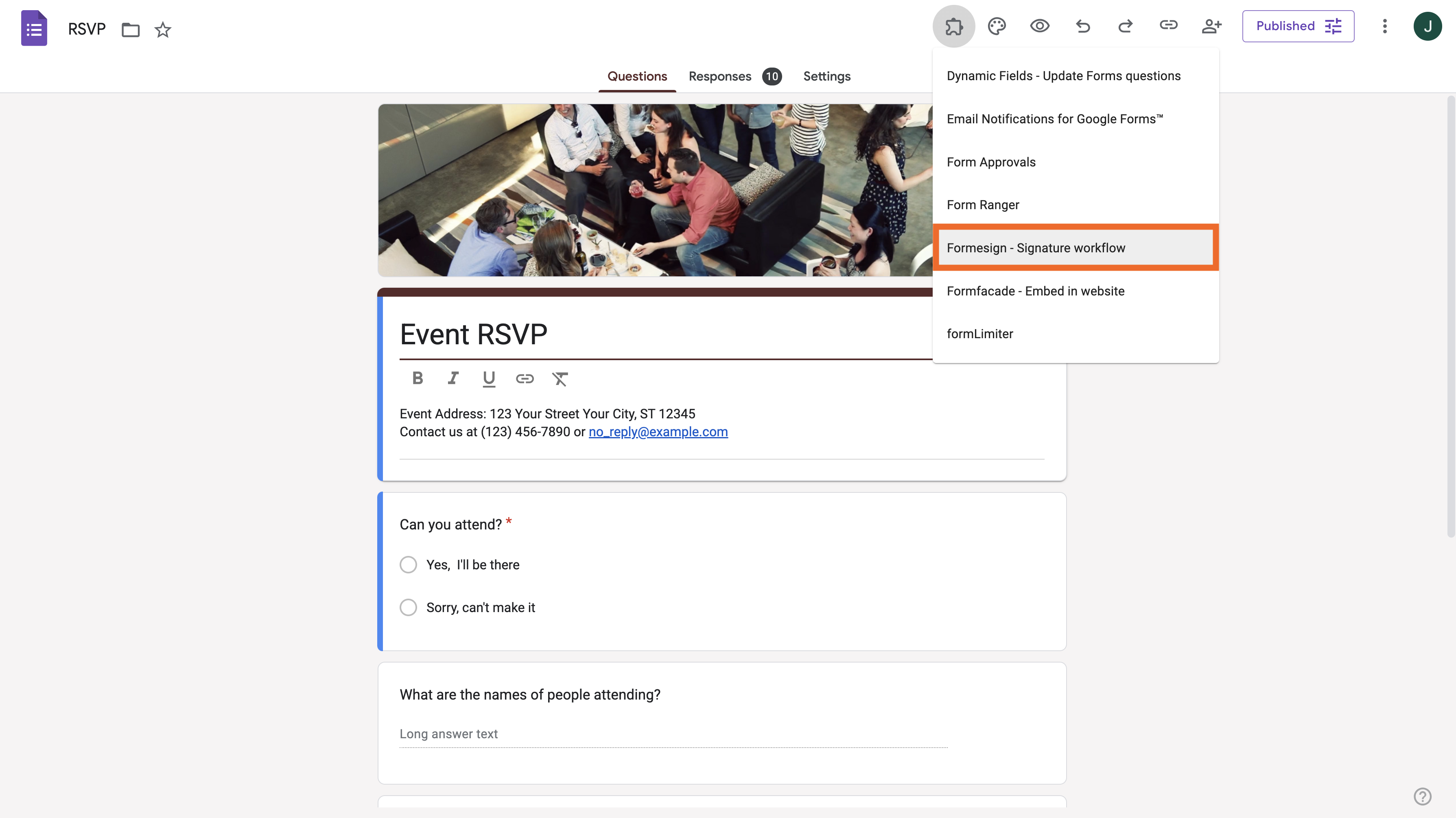 Tangkapan layar add-on di Google Forms yang sudah terpasang