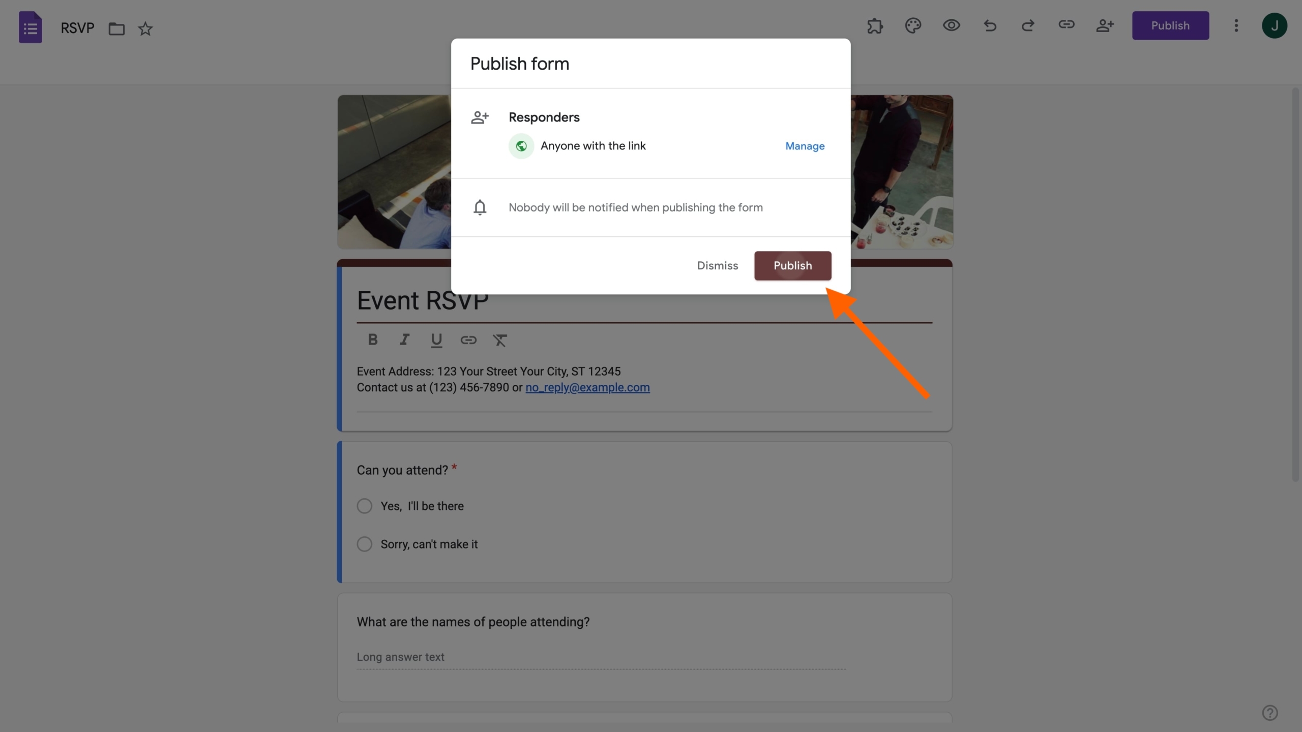 Mengklik tombol Publikasikan dari Jendela Pop-up di Google Forms