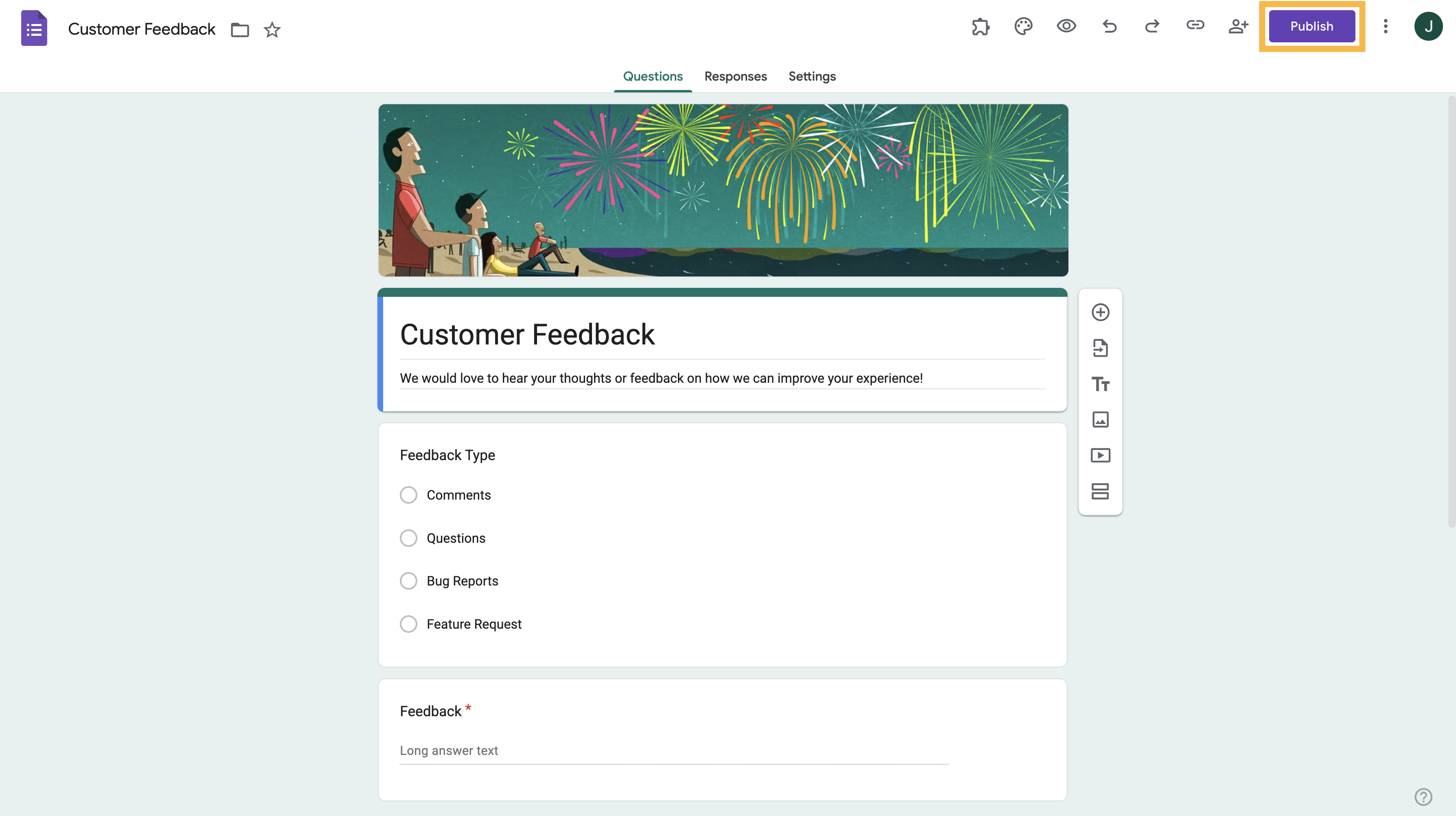 Google Formlar'da Müşteri Geri Bildirim formunda Yayınla butonuna tıklanırken