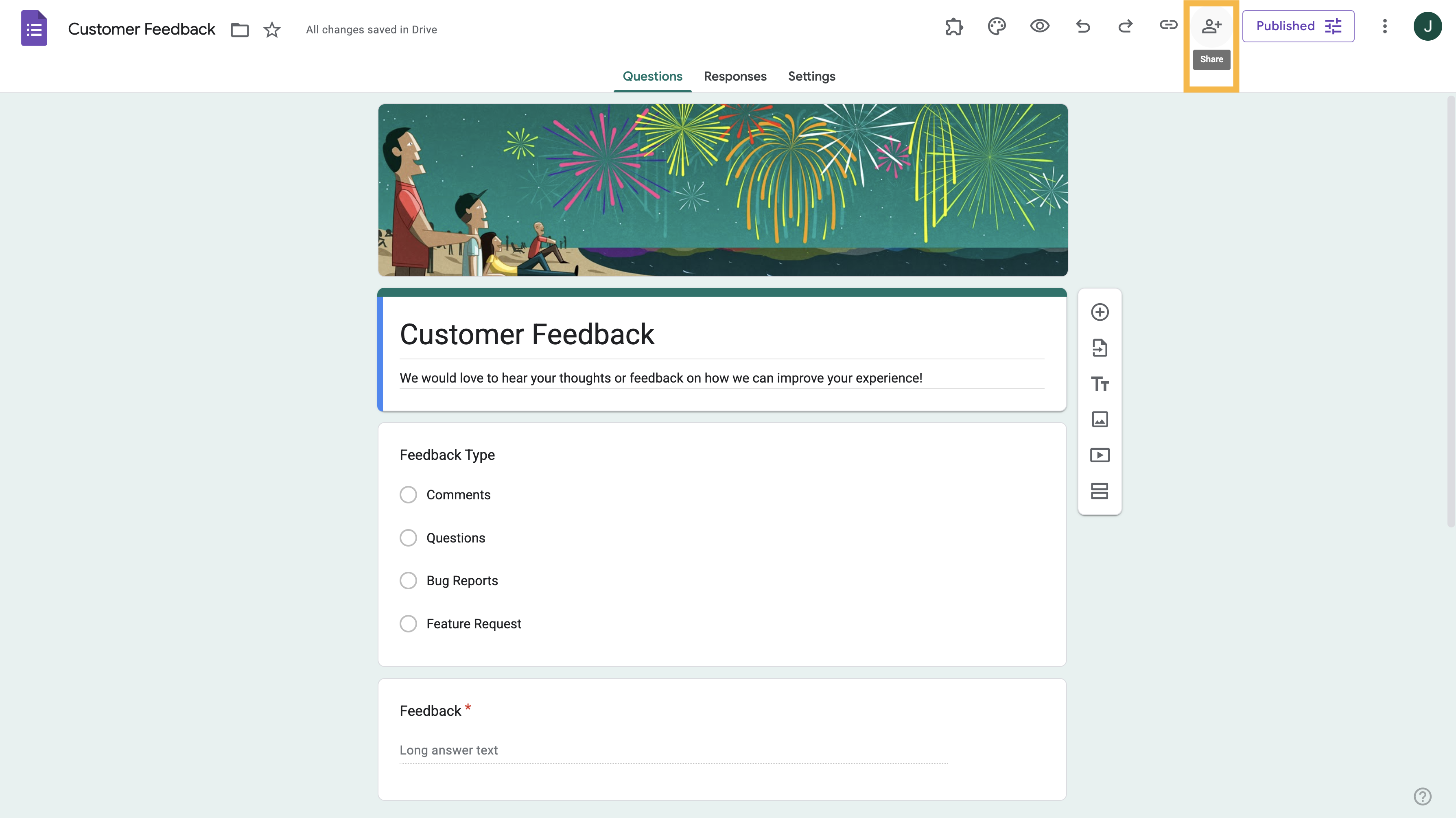 Google Formlar'da Paylaş butonuna tıklama