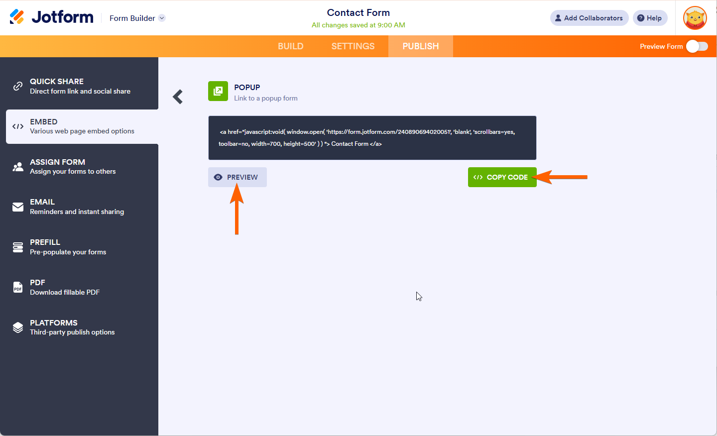 Copy Code and Preview Button of Pop Up Embed Code in Jotform