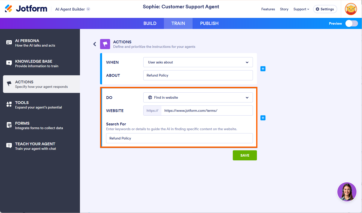 Do Find in Website in Actions Section of Jotform AI Agent Builder