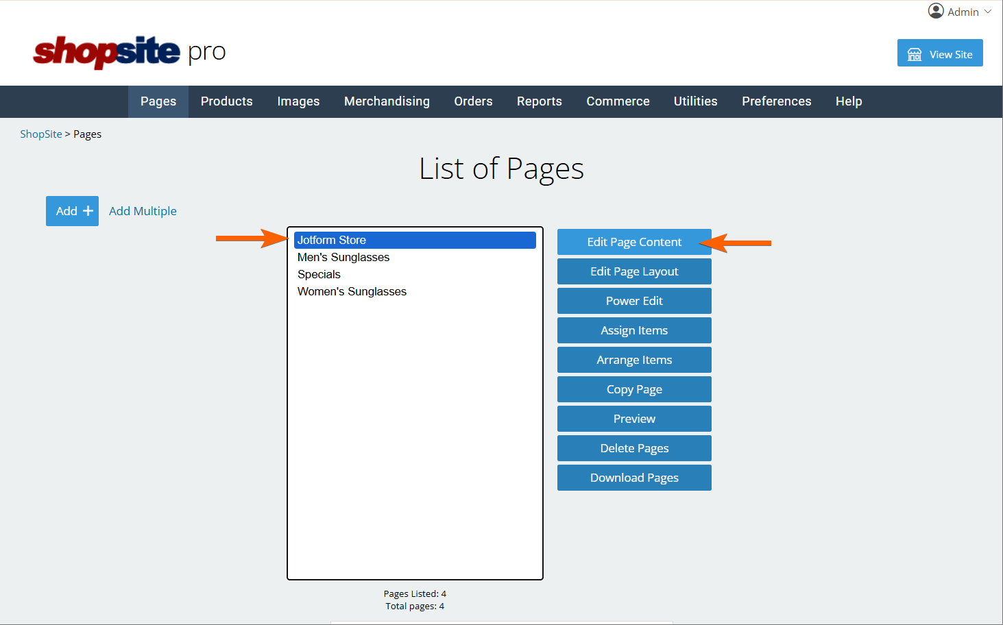 Shopsite Pages and Edit Page Content Button