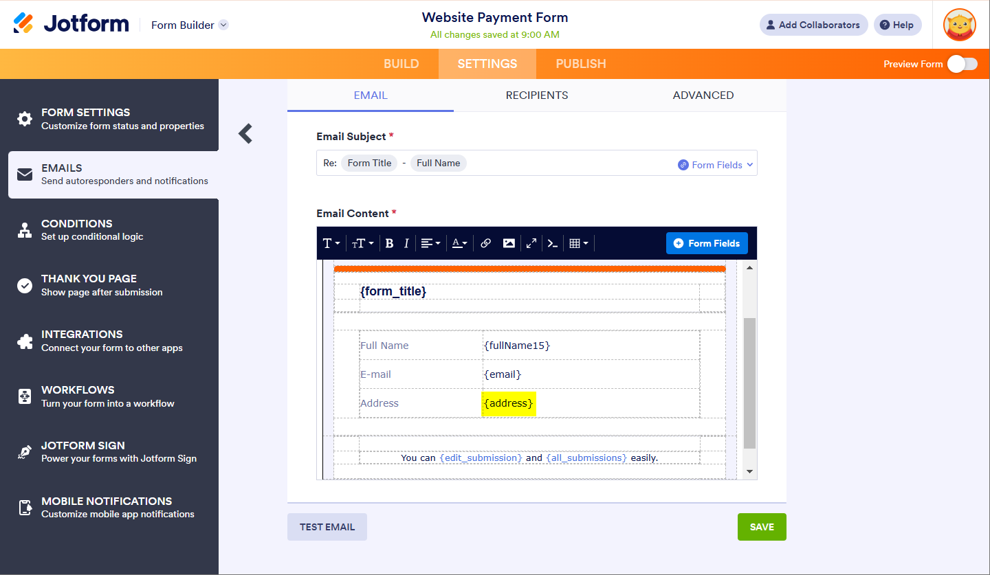 Email Notification Address Field Sample