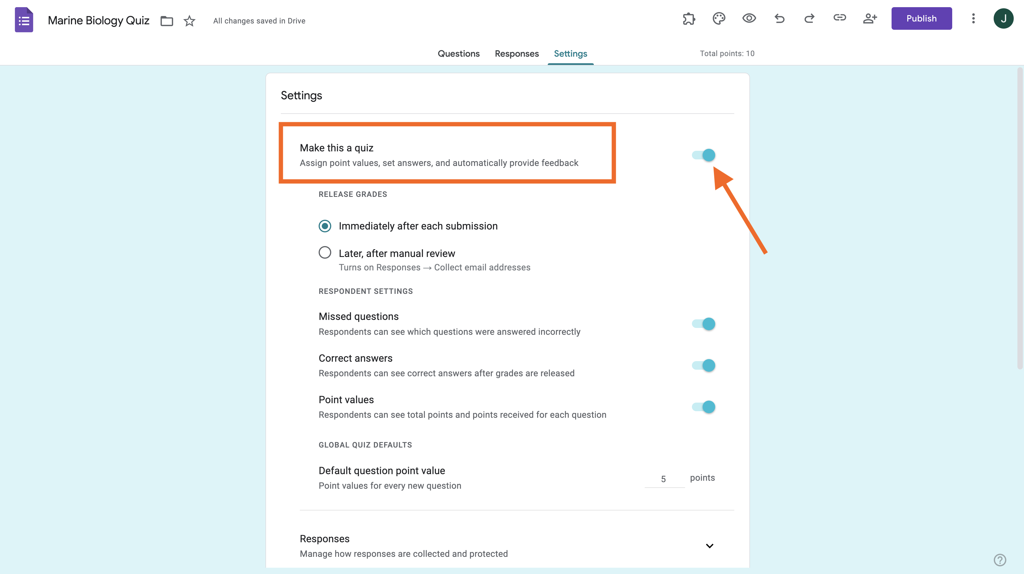 Screenshot di un quiz nel creatore di Google Moduli