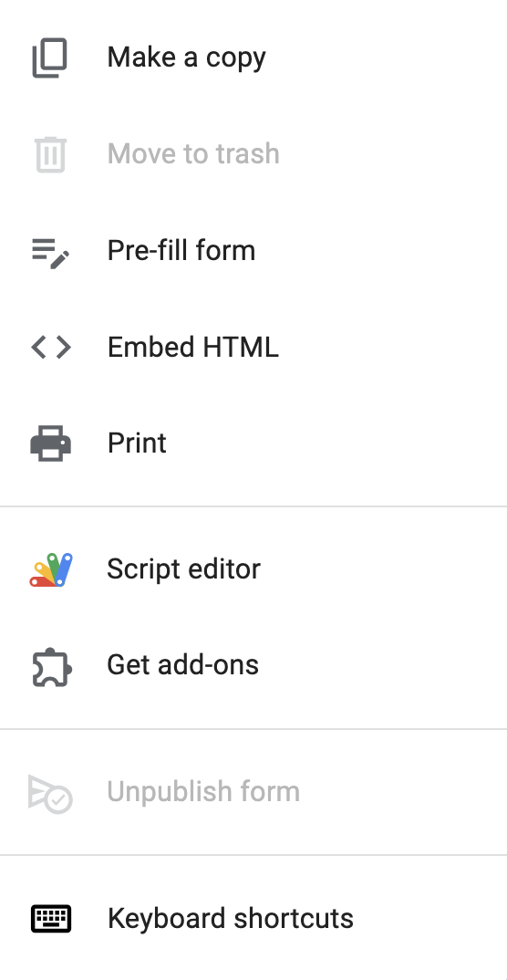 Viewing get add-ons option on the Google Forms more options