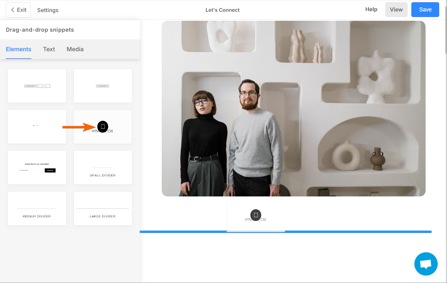 Drag and drop the HTML Snippet to Pixpa Website