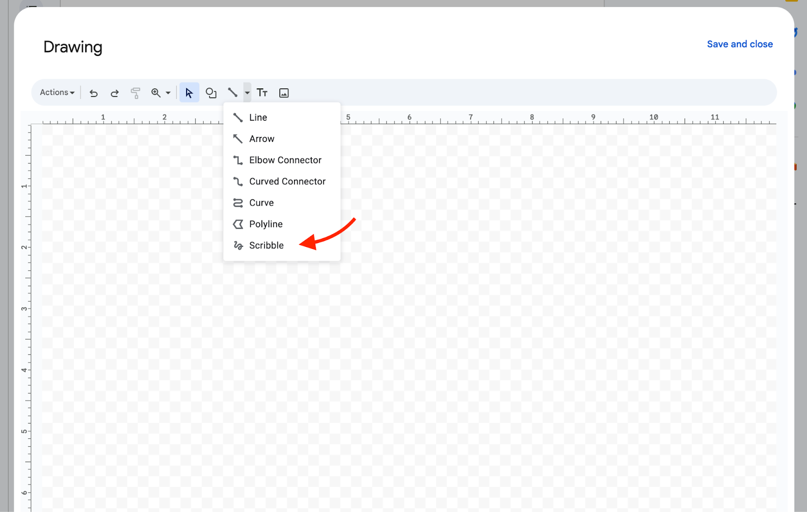 Selecting the Scribble Tool (pen icon) from the toolbar in Google Docs