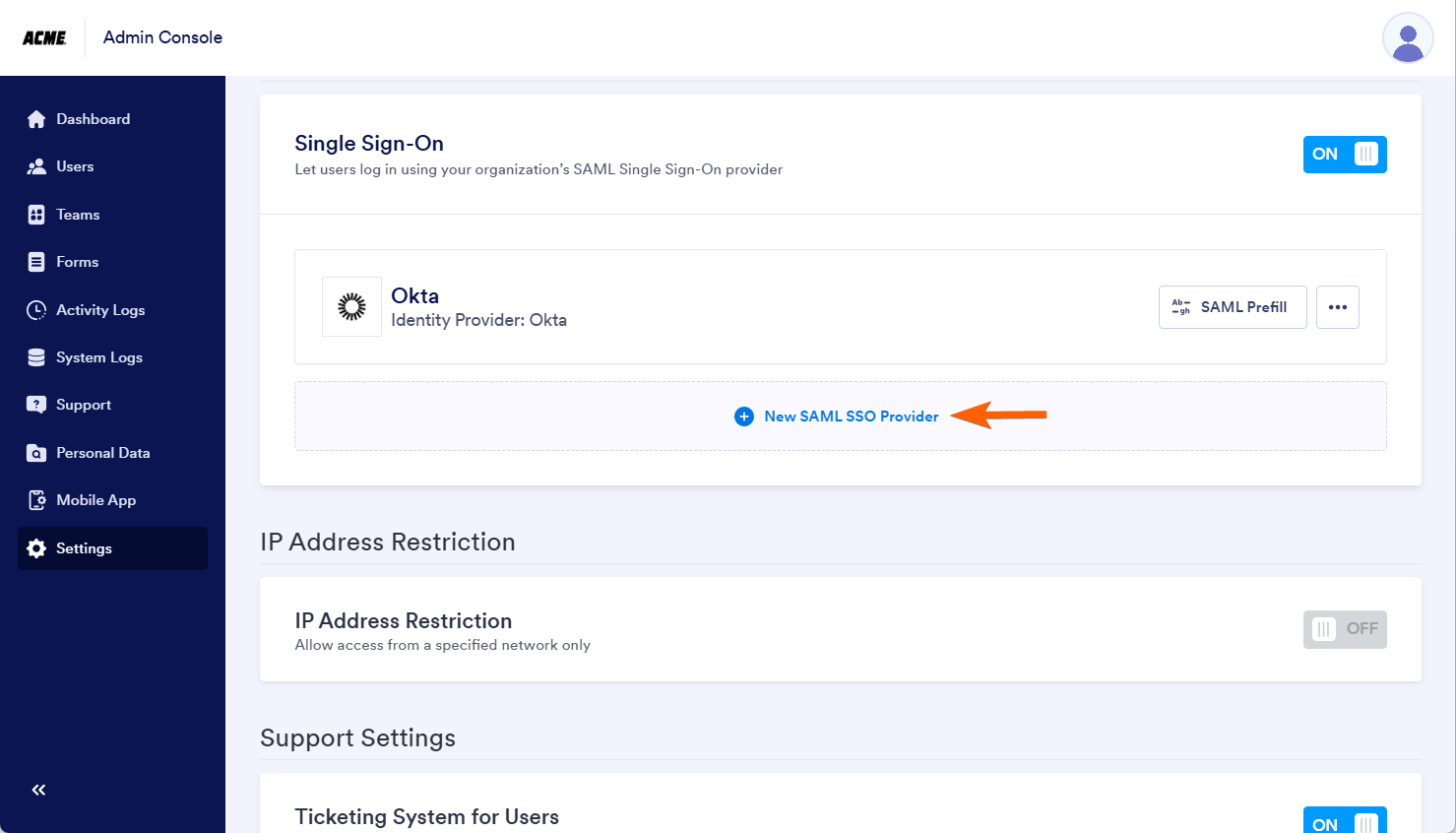Clicking on the New SAML SSO Provider Button Under the Single Sign-On Section