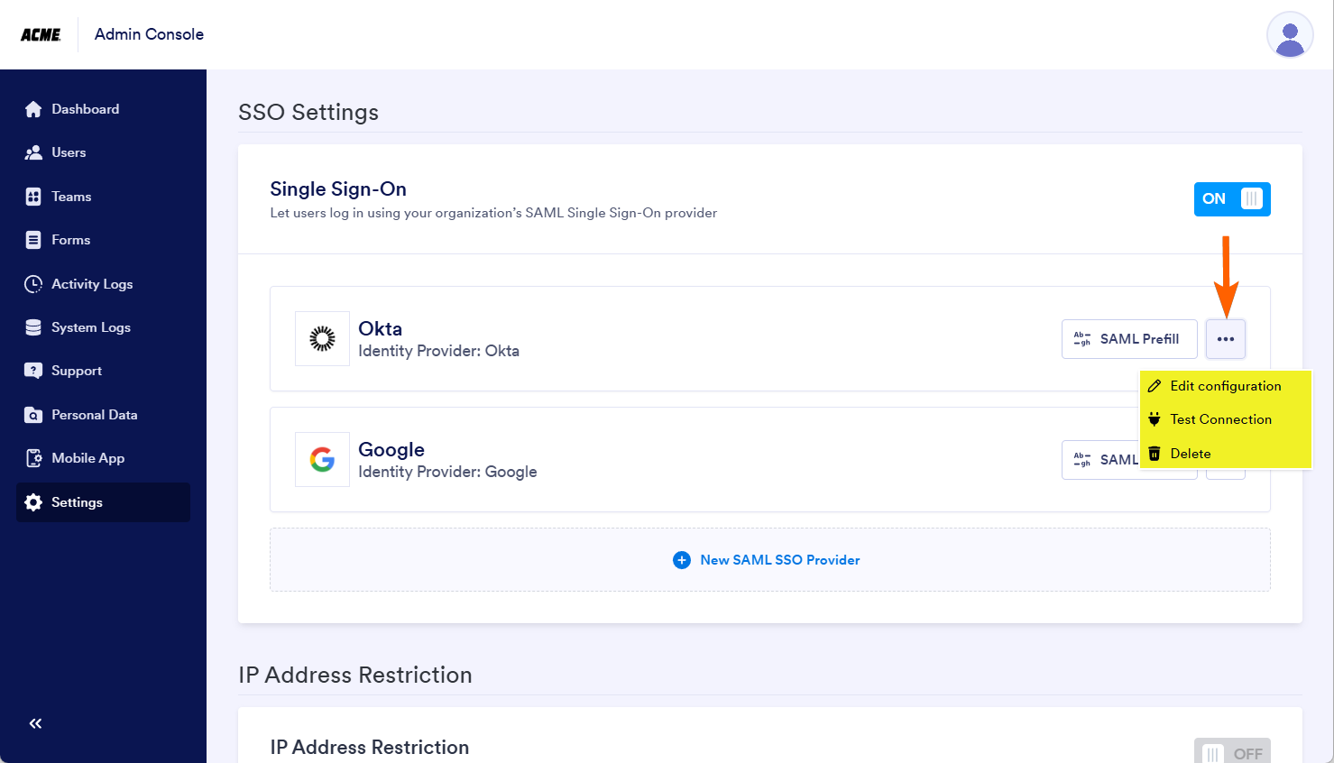 Clicking on the three-dots menu in the Single Sign-On Settings