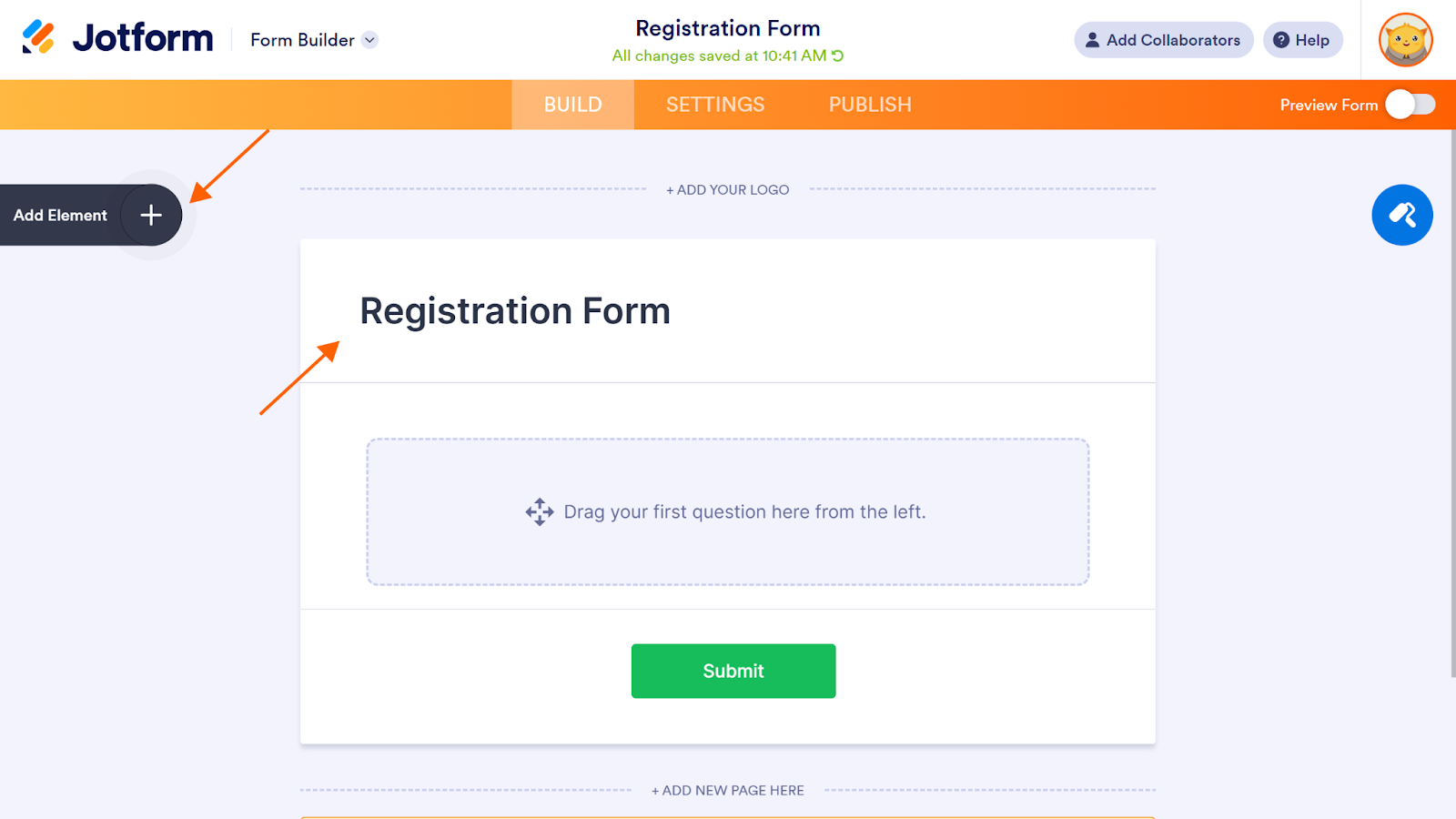 Screenshot of the Jotform Form Builder, with arrows pointing to the title "Registration Form" and the "Add Element" button