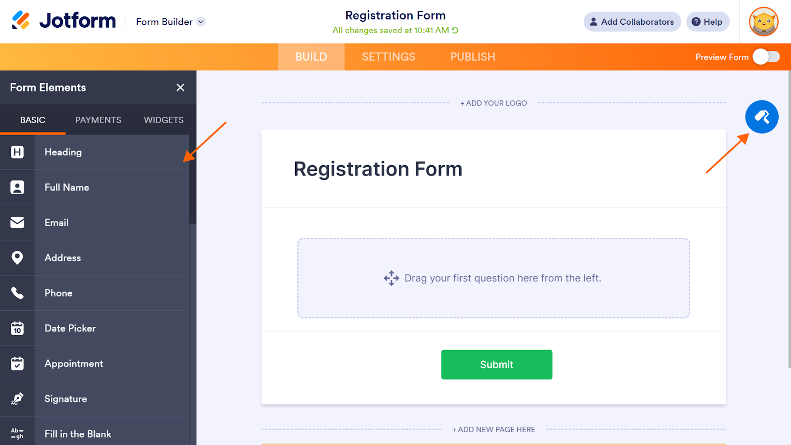 Screenshot of a Registration Form in Jotform, with arrows pointing to the "Form Elements" menu and the Form Designer button