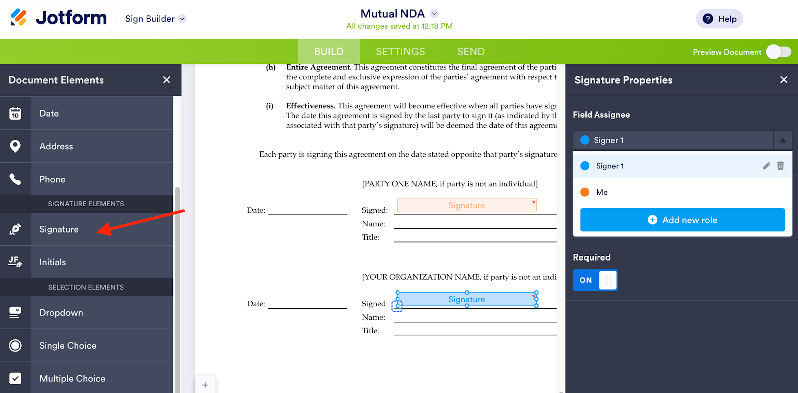 Clicking on the Signature Element on Jotform Sign