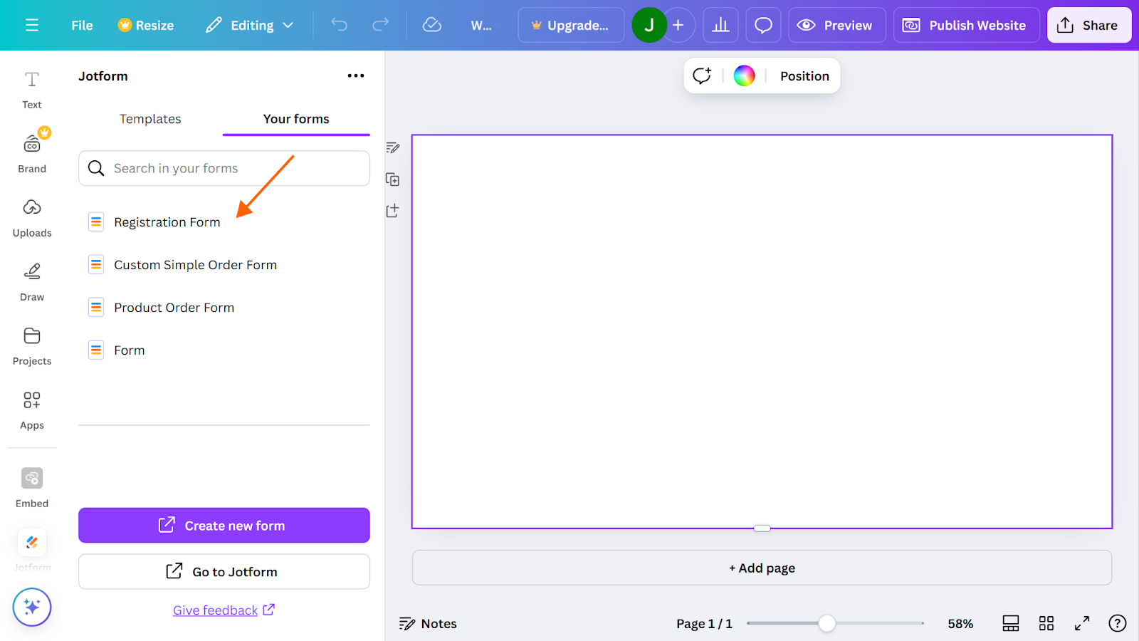 Screenshot of a blank Canva project, with an arrow pointing to a "Registration Form" in the Jotform app