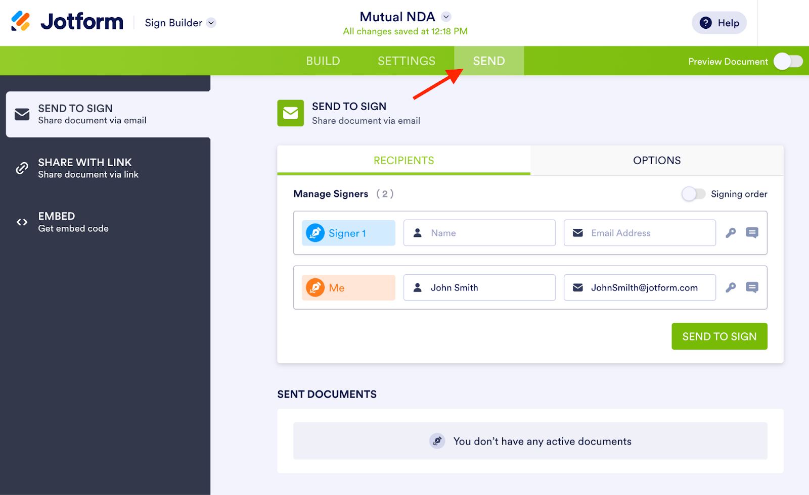 Clicking on the Send tab and filling out the details in Jotform Sign