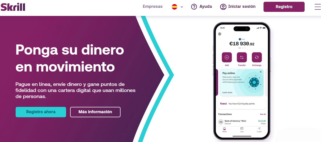 Interfaz de usuario de Skrill