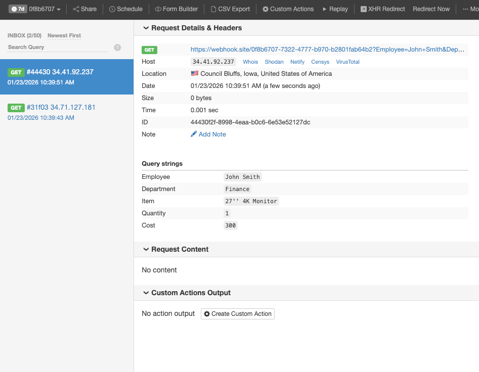 Capture d'écran des données approuvées dans le Webhook