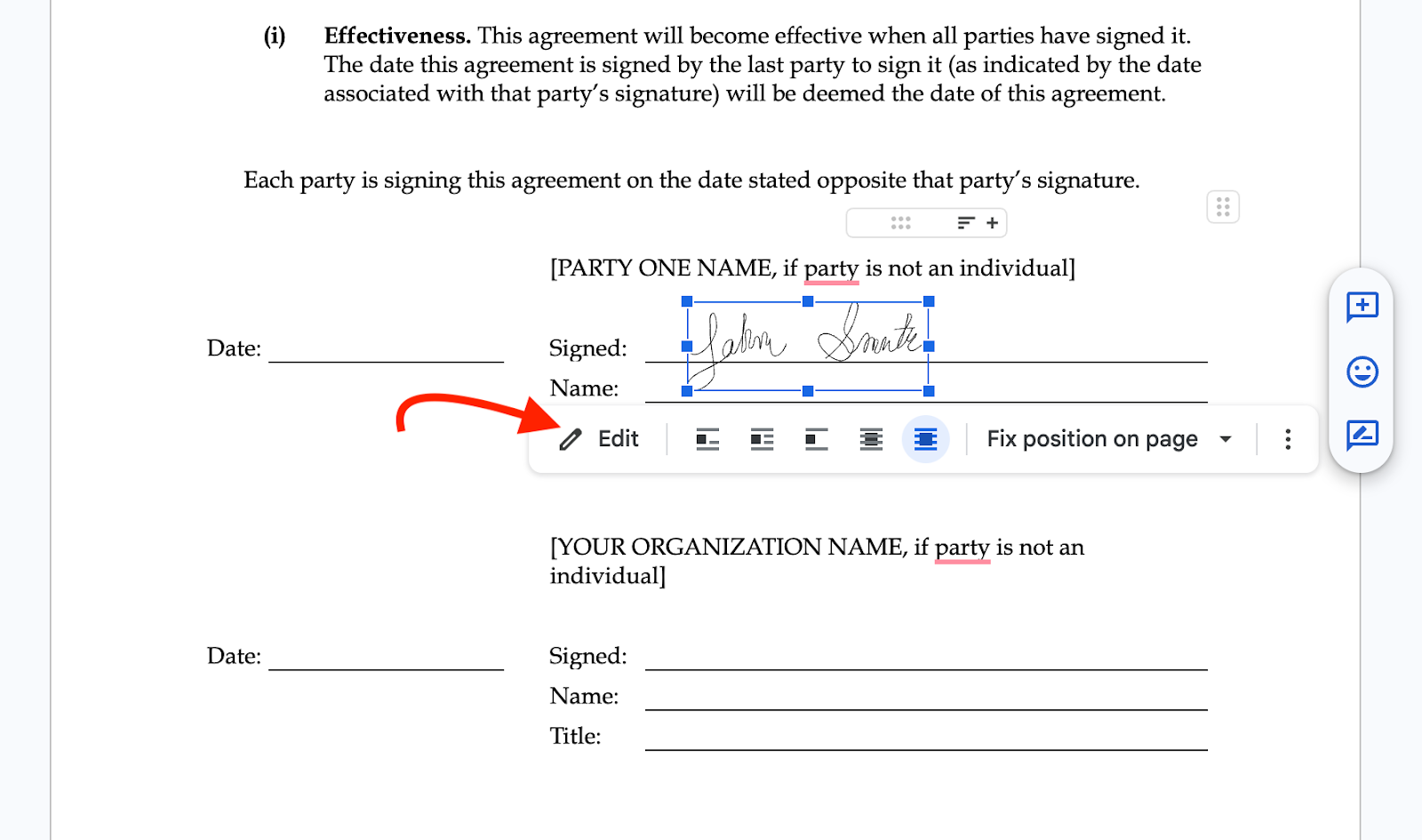 Clicking on the Edit button next to the signature in Google Docs