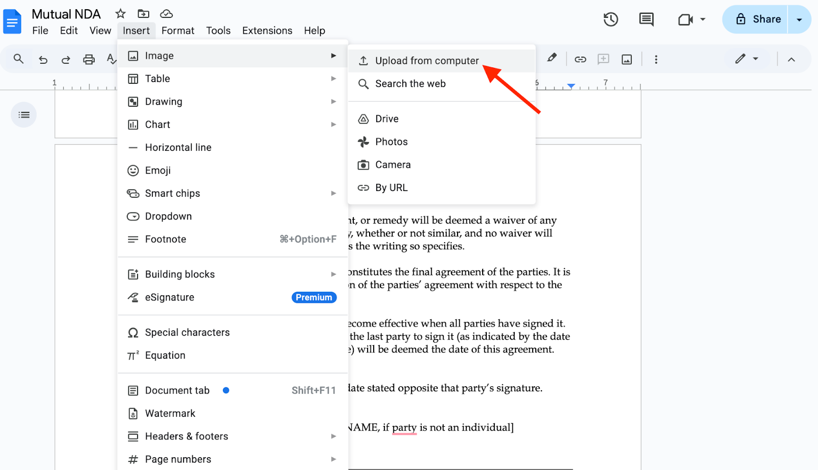 Clicking on the Upload from computer option from the Image options in Google Docs