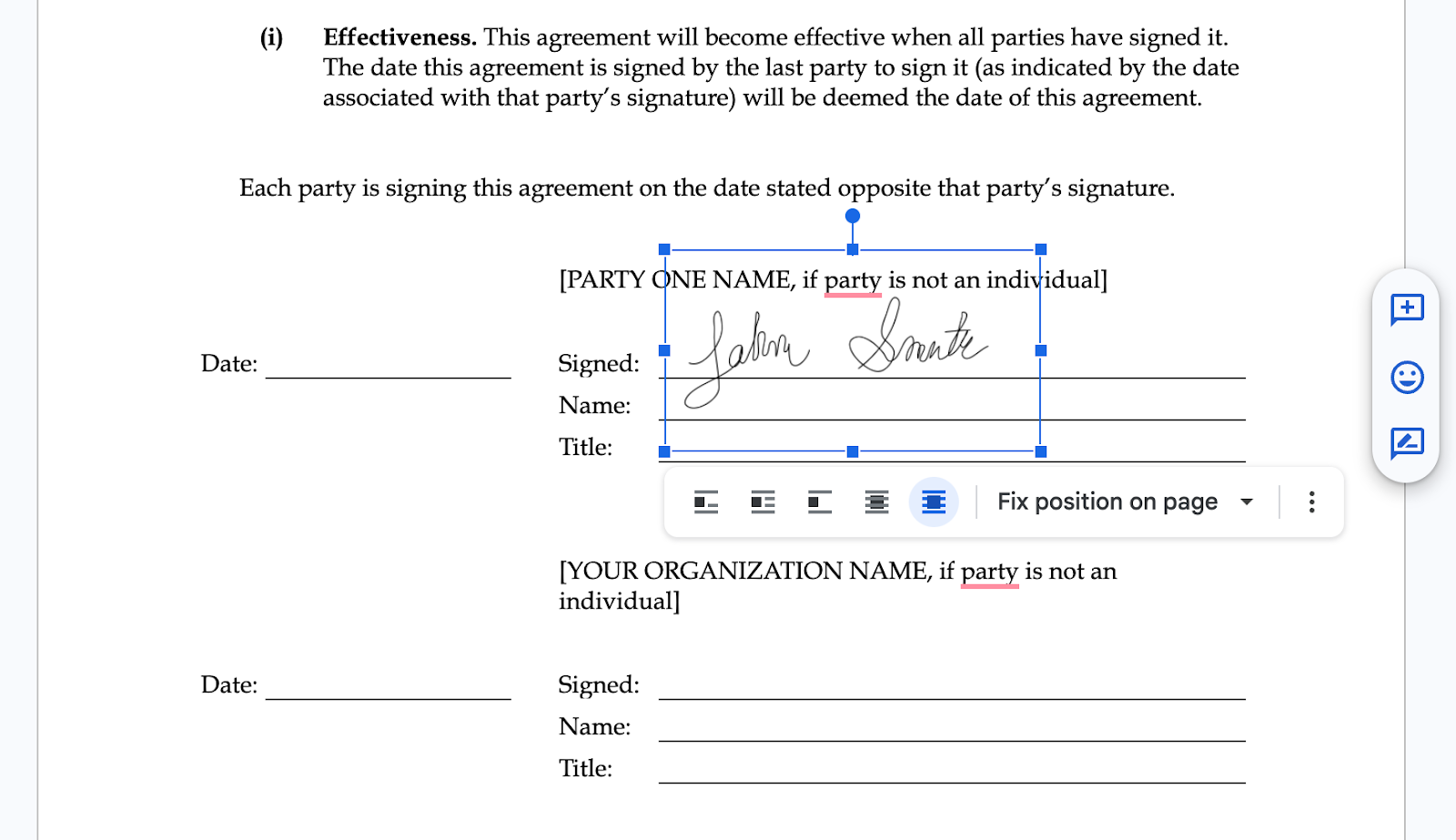 Resizing the signature in Google Docs