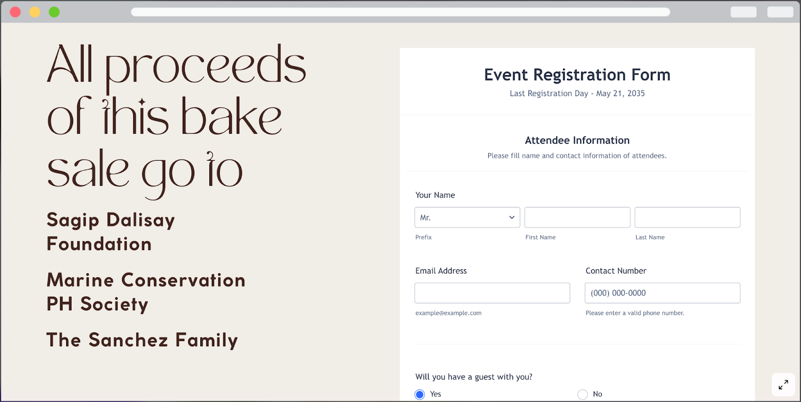 A bake sale website page with a registration form embedded in it