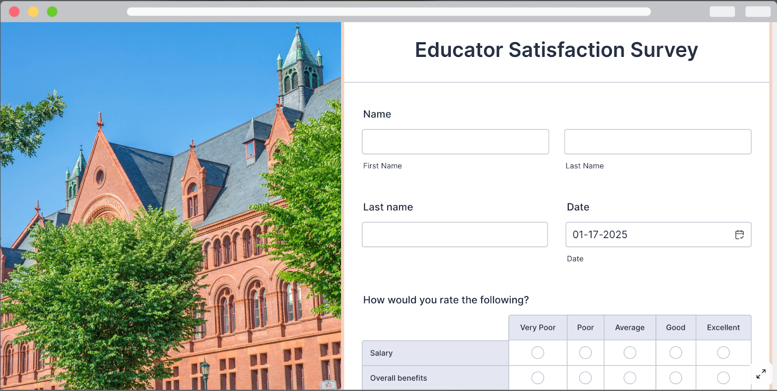 A school website with a satisfaction survey embedded in it