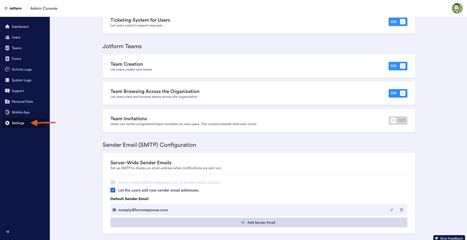 Clicking on the Settings tab on the Admin Console