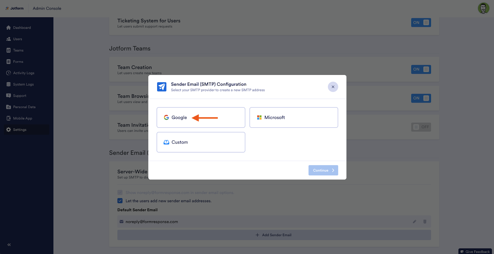 Clicking on the Google Option on Sender Email (SMTP) Configuration Window