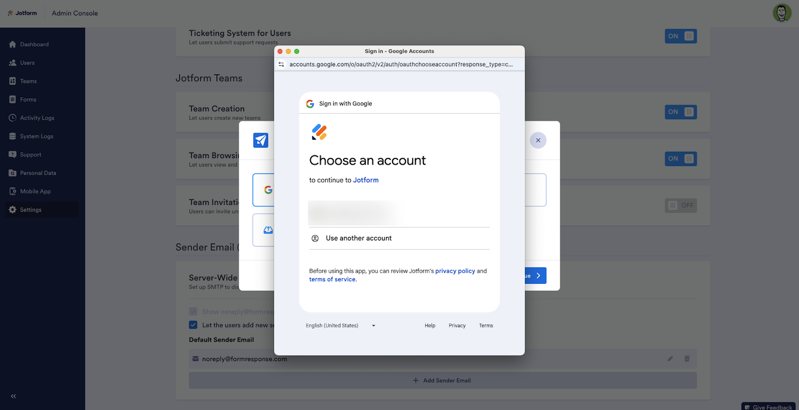 Allowing permission to the Jotform account from the pop-up window