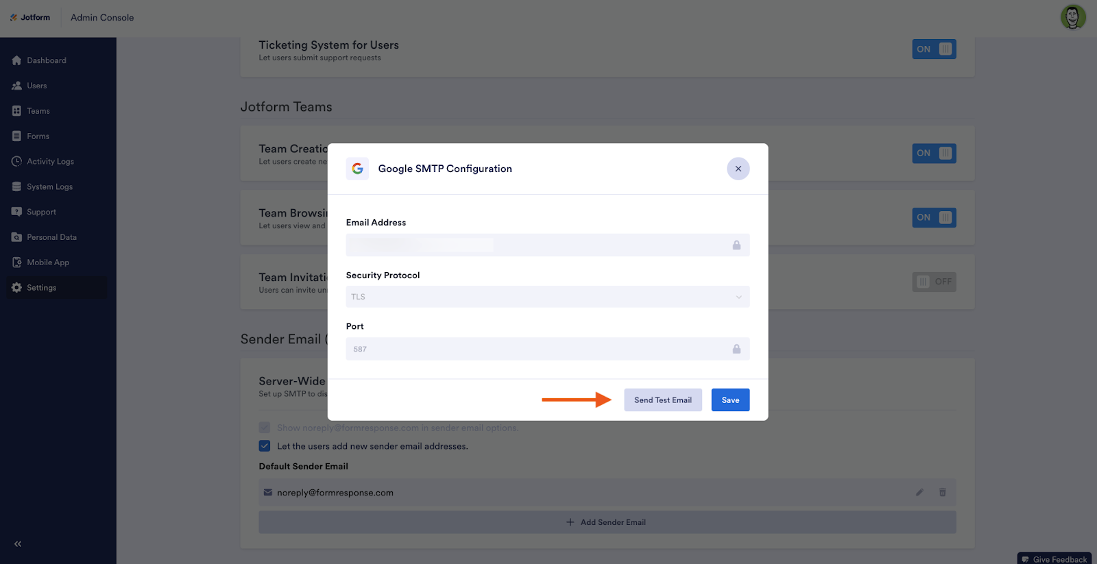 Clicking on Send Test Email button on the Google SMTP Configuration Window
