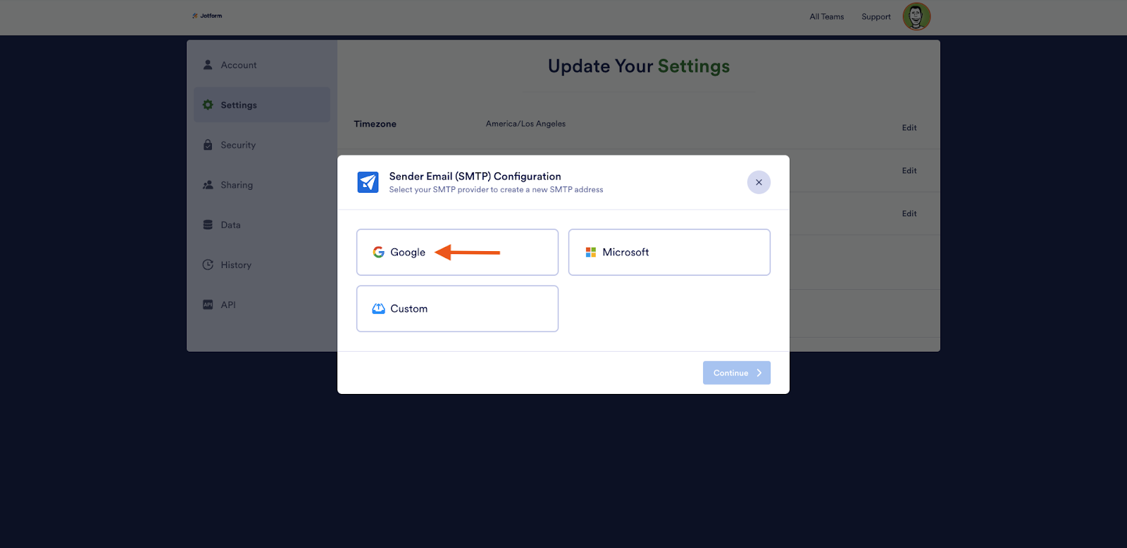 Choosing Google from the Sender Email (SMTP) Configuration pop-up window