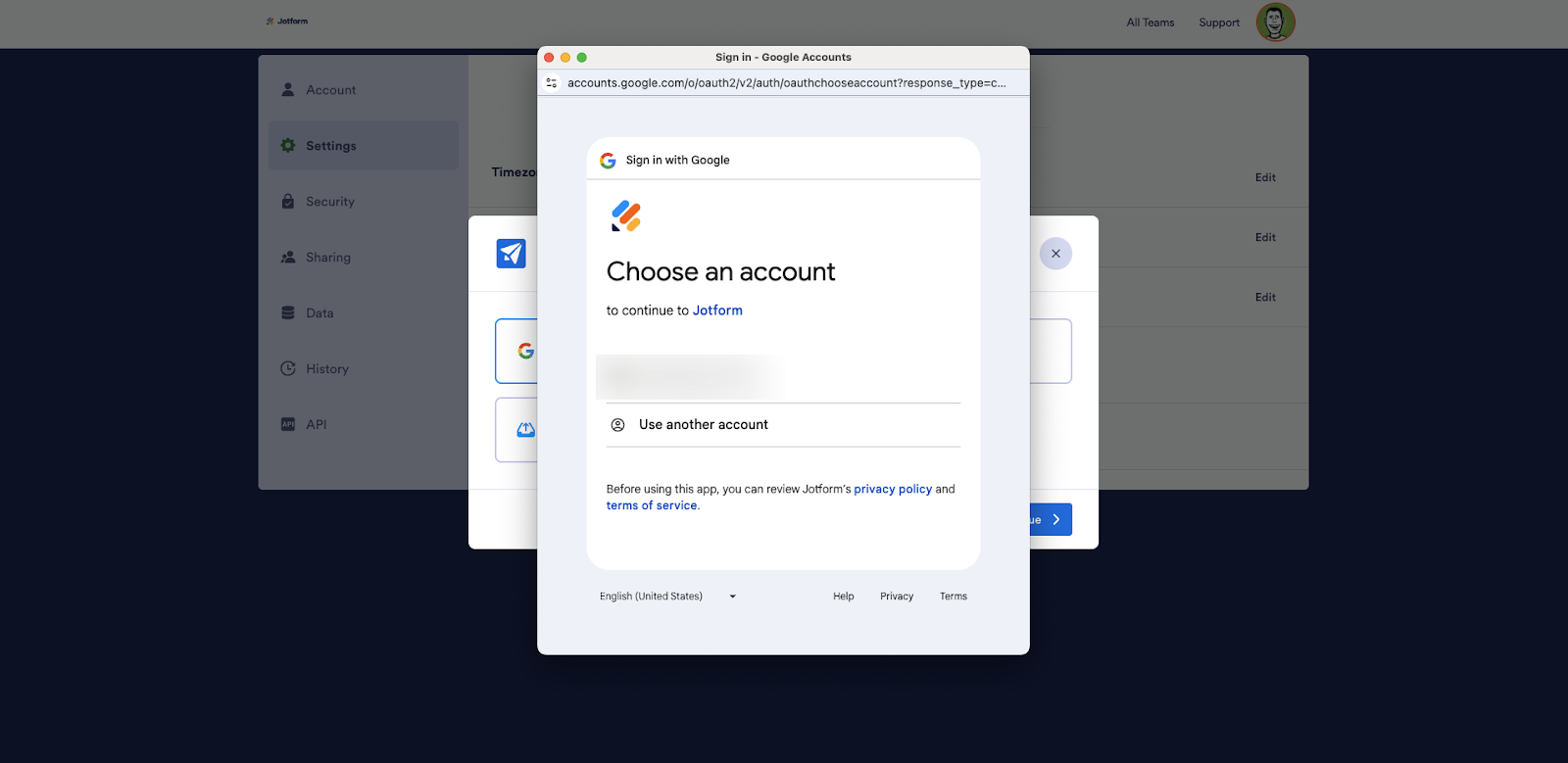 Allowing permission to the Jotform account from the pop-up window